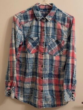 True Religion Pink Blue White Plaid Button-Down Shirt